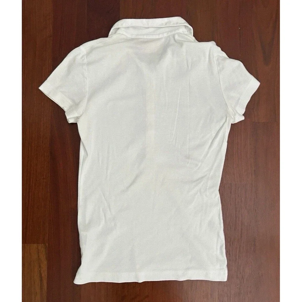 Tory Burch Small Fitted Polo Top White Short Sleeve Collar Shirt Gold Buttons